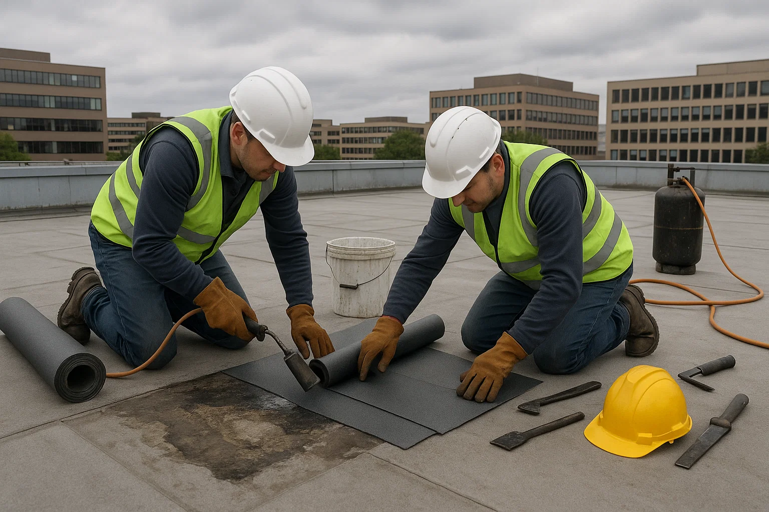 Two contractors repairing a commercial flat roof with new felt material, surrounded by tools and safety gear, with city buildings in the background.