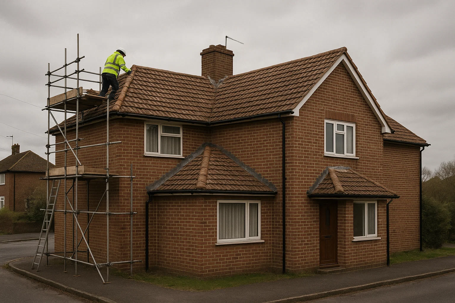 Ultra-realistic image of a UK house with roof works and scaffolding, showing a typical residential roofing project in progress.