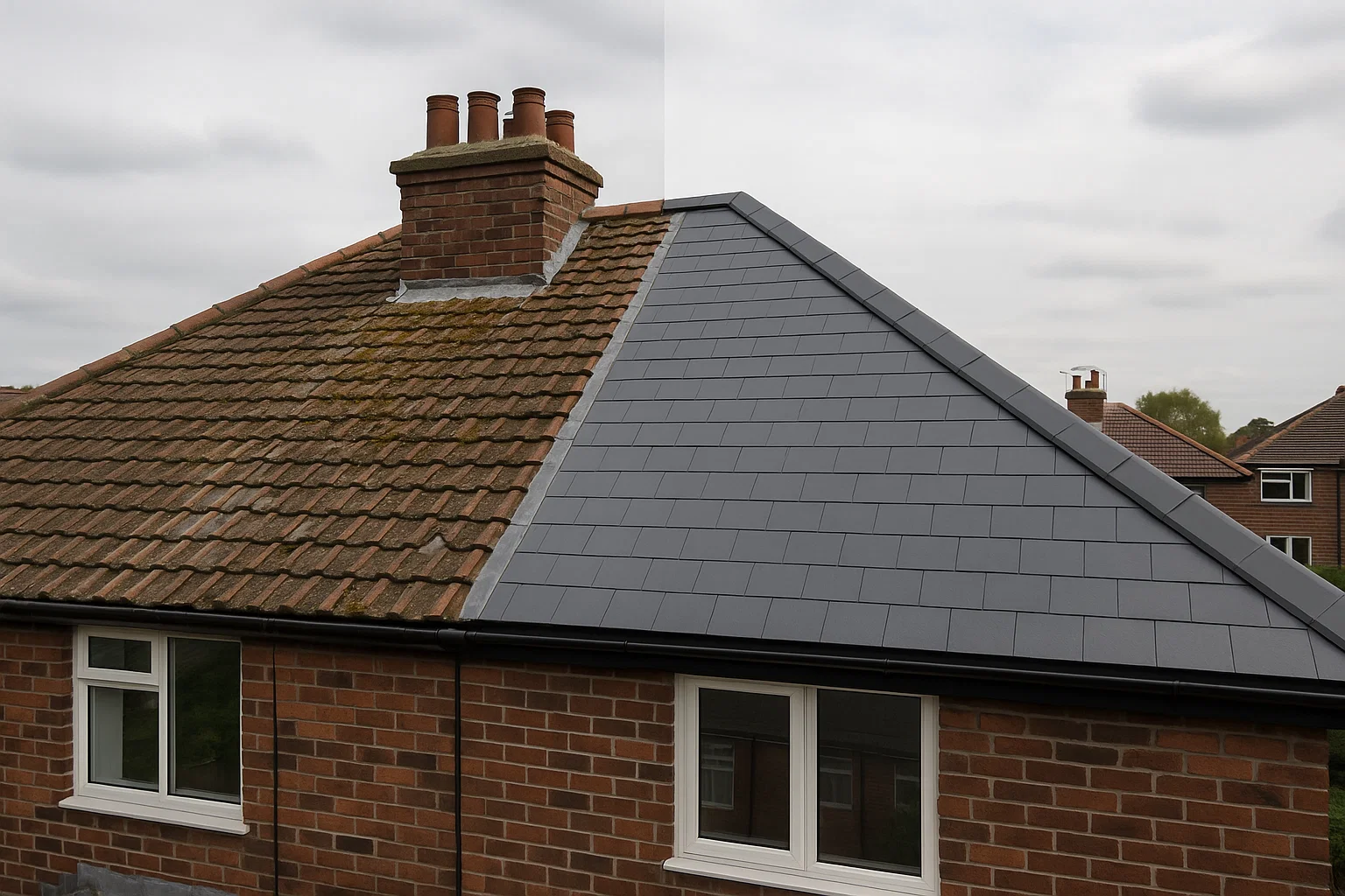 Half old, damaged roof and half newly replaced roof on a UK home showing the difference between roof repair and replacement.