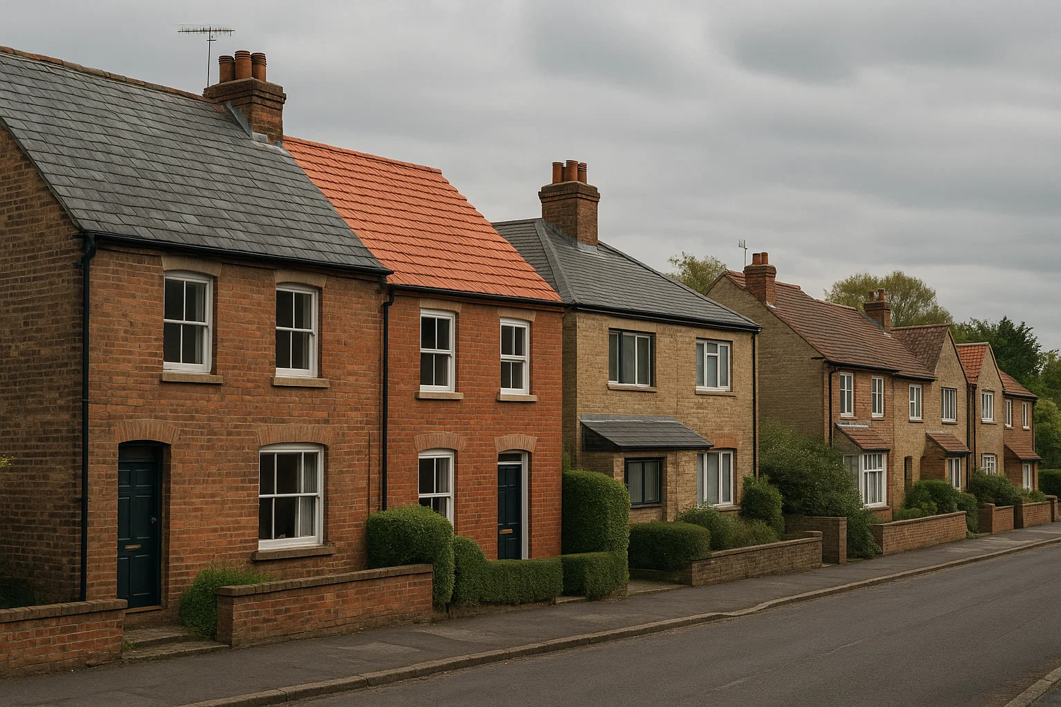 British residential street showing homes with various roof types including slate, tile, and flat roofs after professional roof repairs.