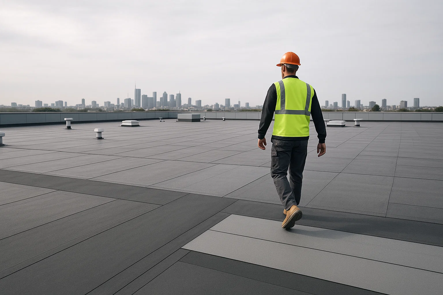 Professional roofer inspecting a large commercial flat roof fitted with Bauder roofing systems under bright daylight.