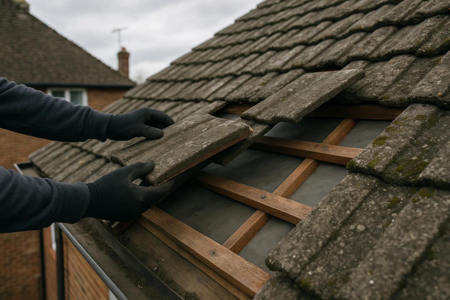 Roof inspection showing tiles removed to reveal hidden damage beneath a UK home roof