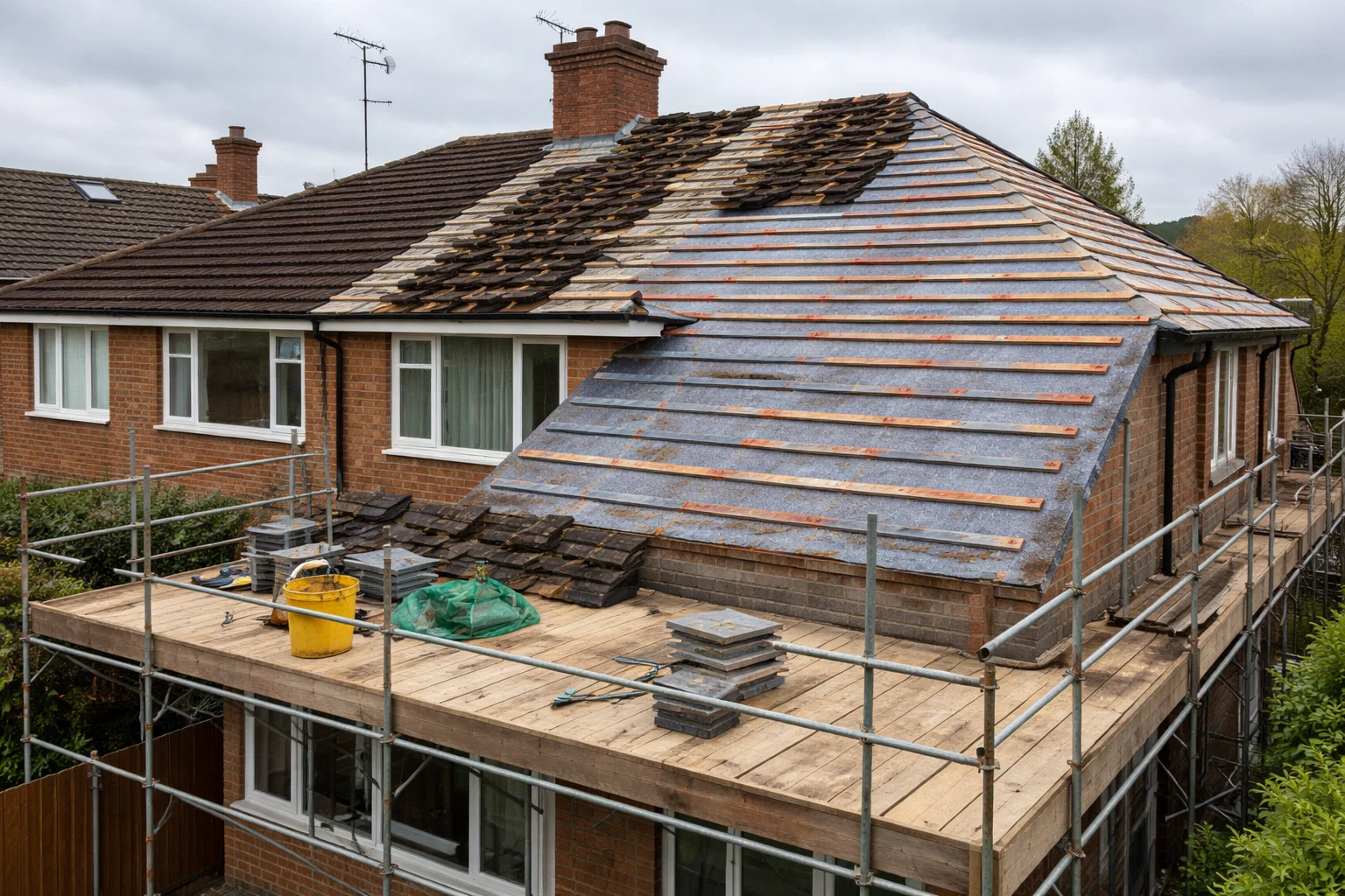 Residential roof replacement in progress on a UK home with scaffolding and exposed roof structure.