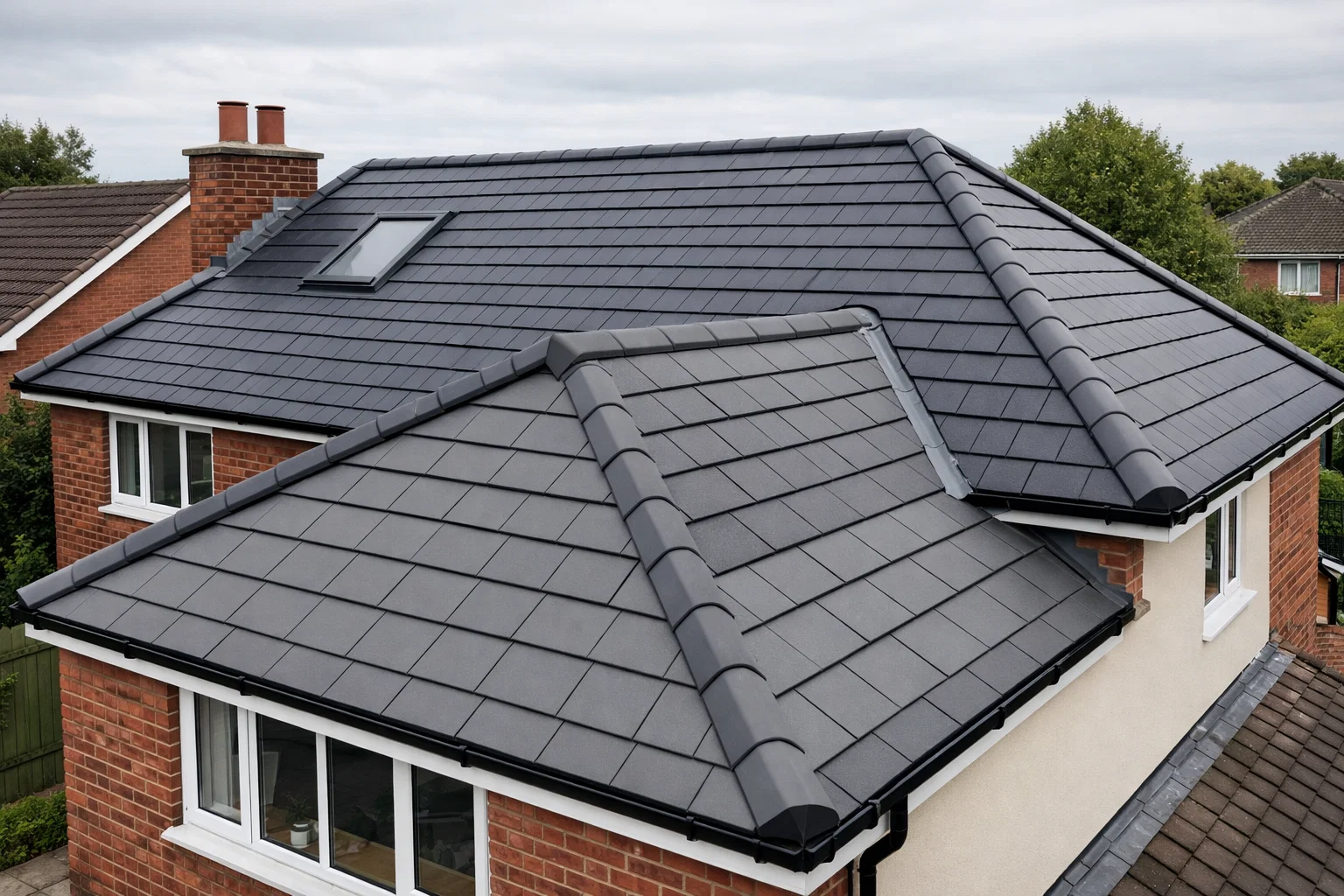 Modern UK home with newly installed contemporary roof tiles showcasing 2026 roofing materials
