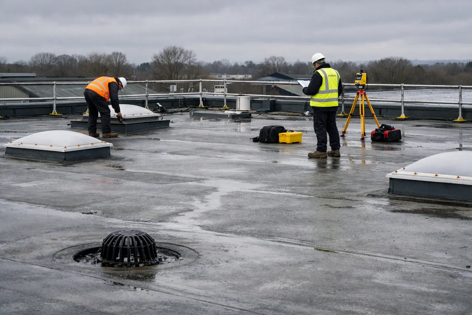 Commercial roof inspection on a UK business property before hiring a roofing contractor.