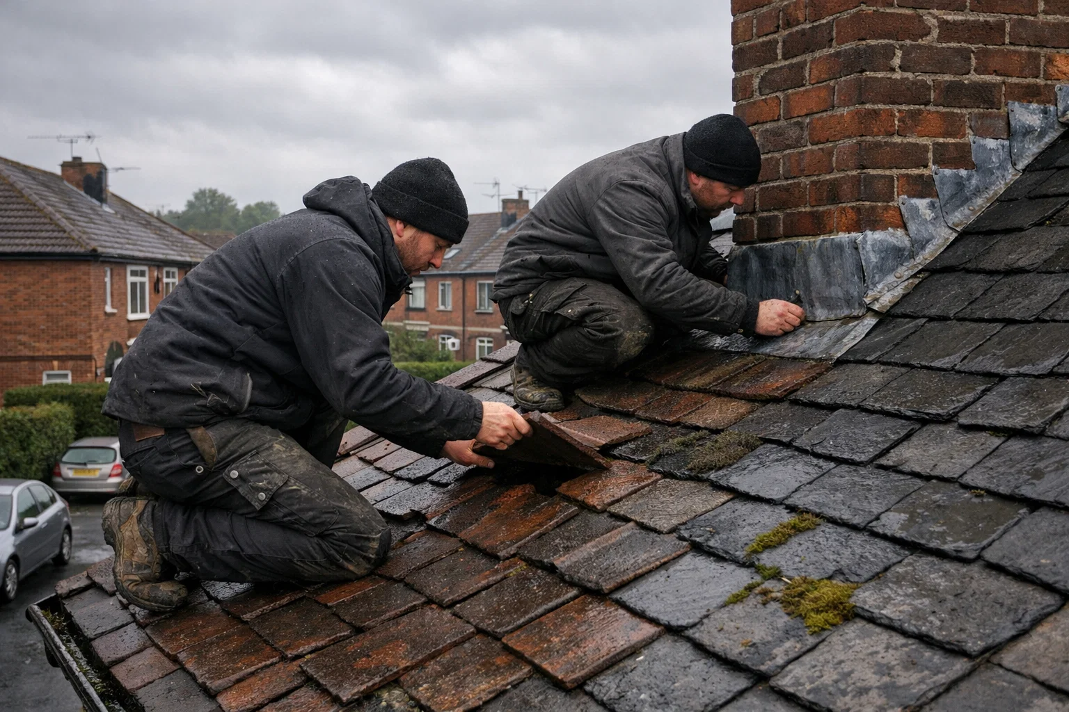 Experienced Roofersin Manchester inspecting a tiled roof on a residential property under cloudy skies.