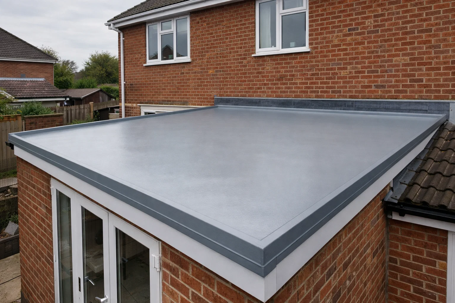 Newly installed GRP roofing system on a flat roof extension in the UK.