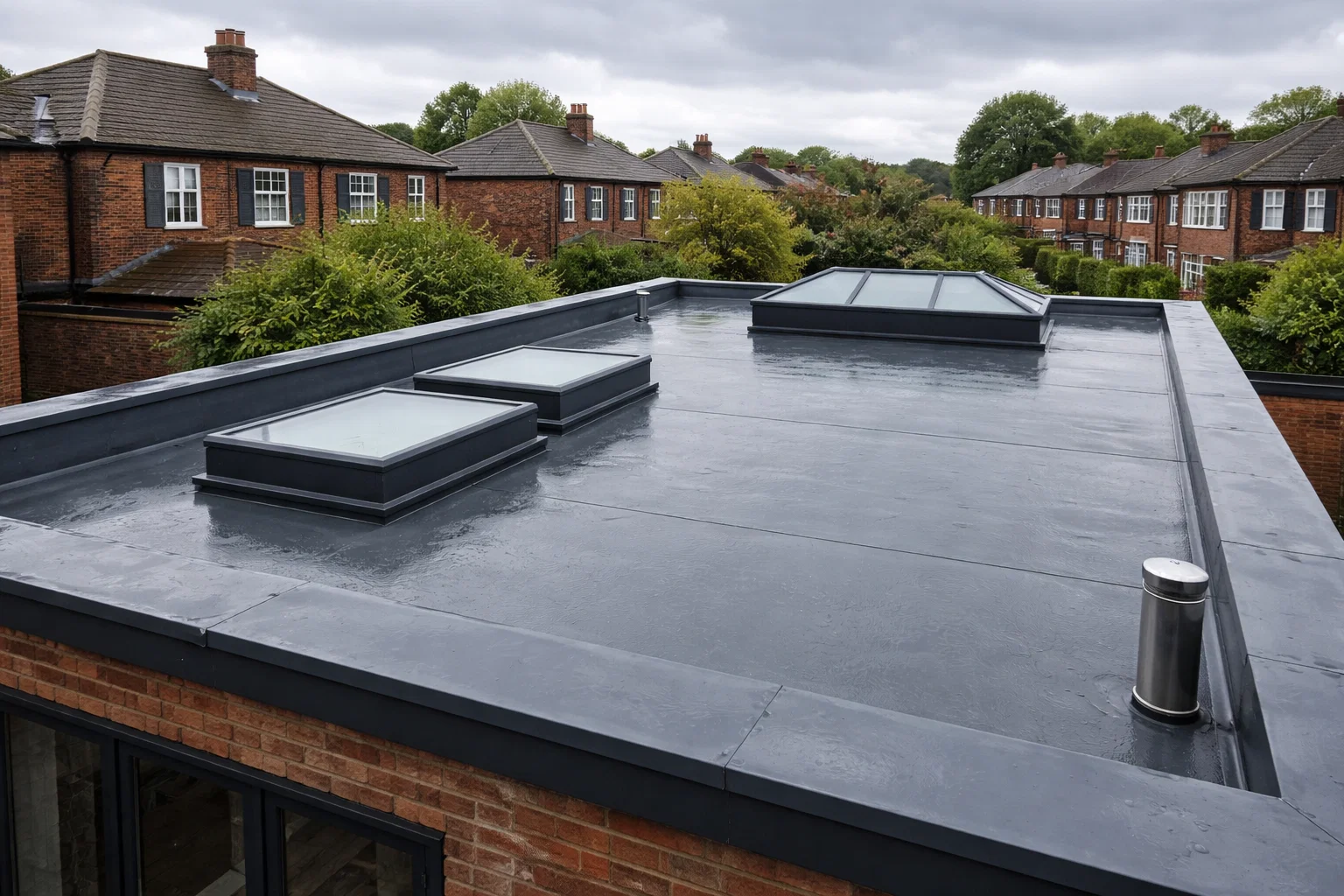 Flat roof installation on a residential property in Manchester under overcast weather conditions