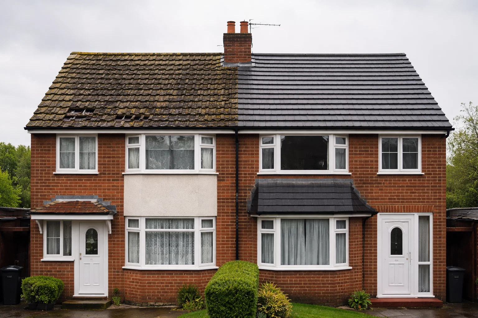 roof replacement comparison showing damaged and new roof tiles on a UK house