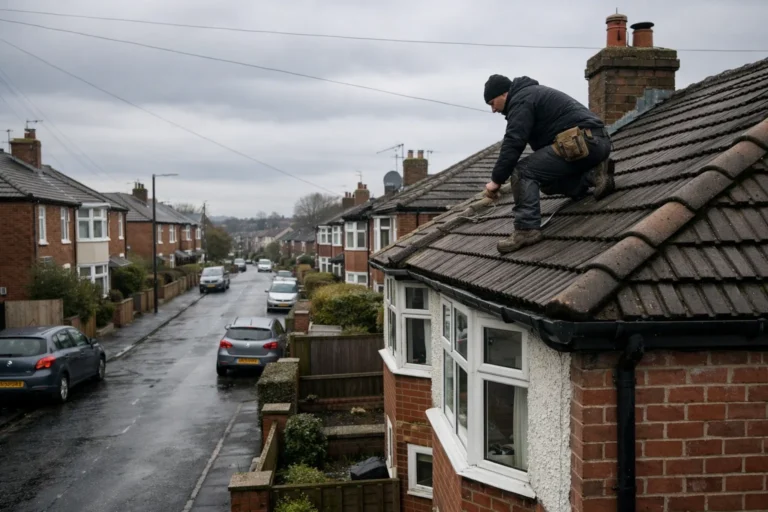 roofer inspecting roof on residential property in Stockport