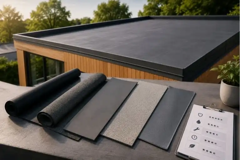 Flat roofing materials and membrane samples beside modern flat roof system