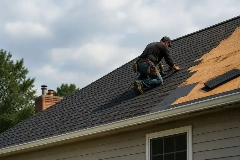 Contractor replacing damaged shingles during residential roof replacement