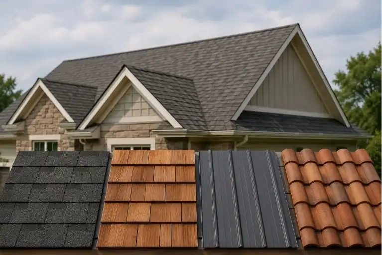 Roof replacement options featuring asphalt shingles, wood, metal and tile roofing
