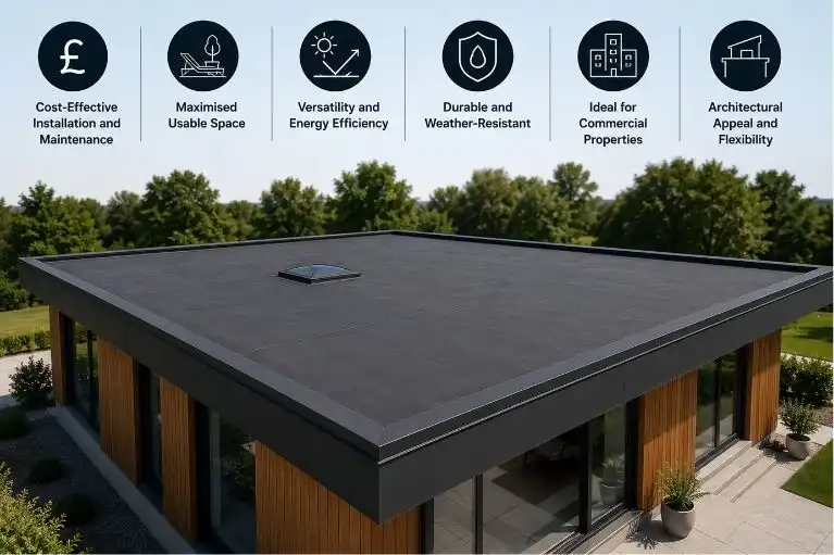 Modern flat roof benefits shown on contemporary commercial property design