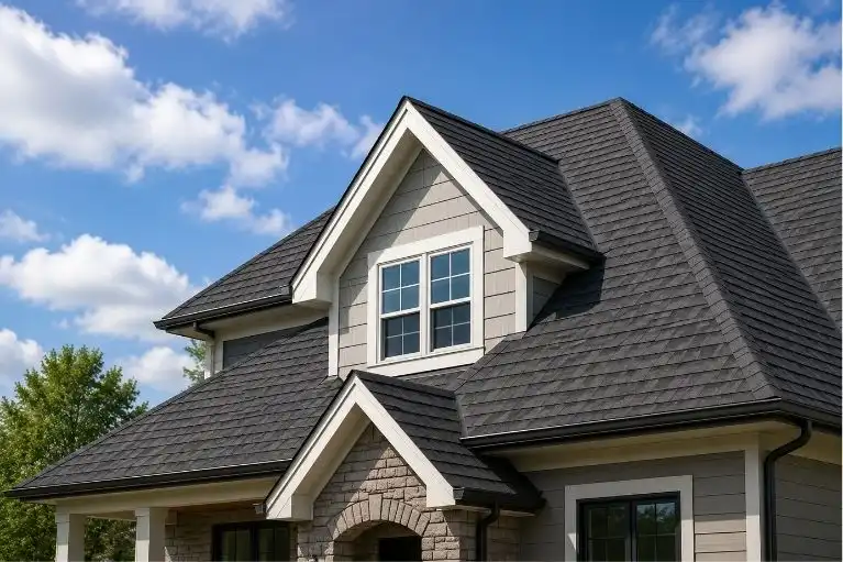 Residential roofing system on modern suburban home with dark shingles.