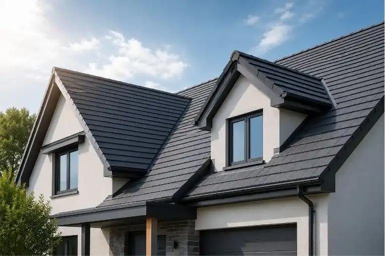 Modern residential roofing with dark roof tiles and suburban home exterior.