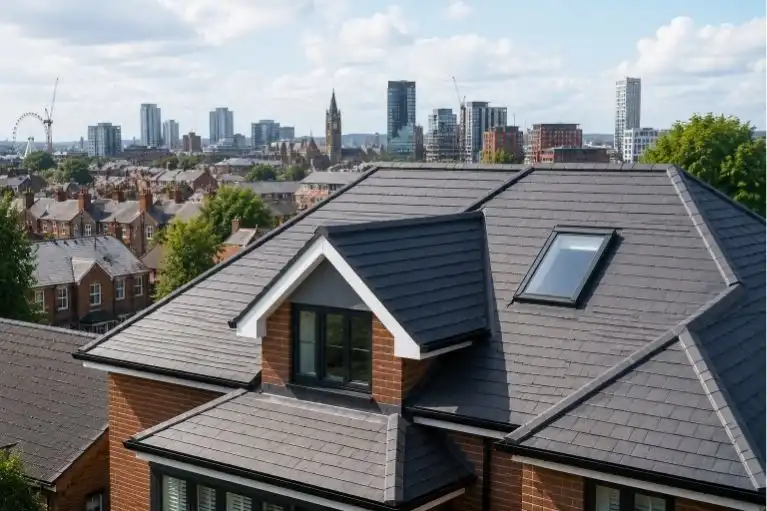 Modern slate roof installation on residential home with city skyline view.