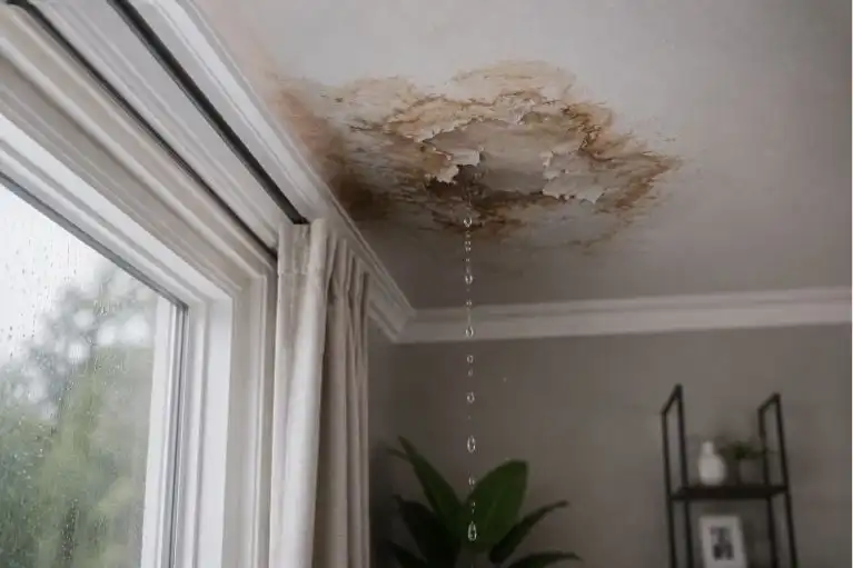 Water-stained ceiling leaking near a window, showing signs of roof damage indoors.