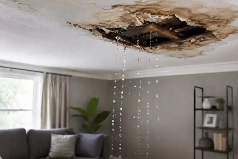 Water dripping from a damaged ceiling with visible roof leak inside a living room.