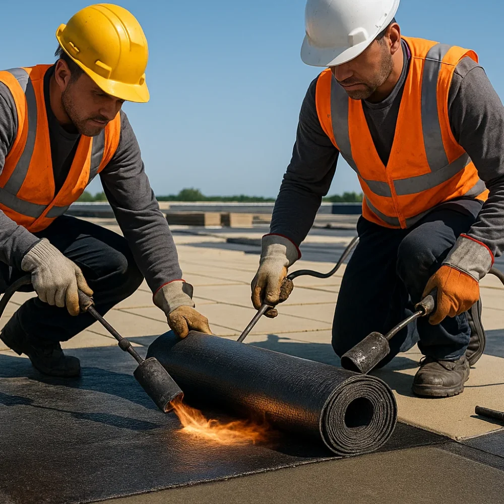 "Close-up of roofing contractors installing a torch-on bitumen membrane system on a commercial flat roof for durable, weather-resistant protection."
